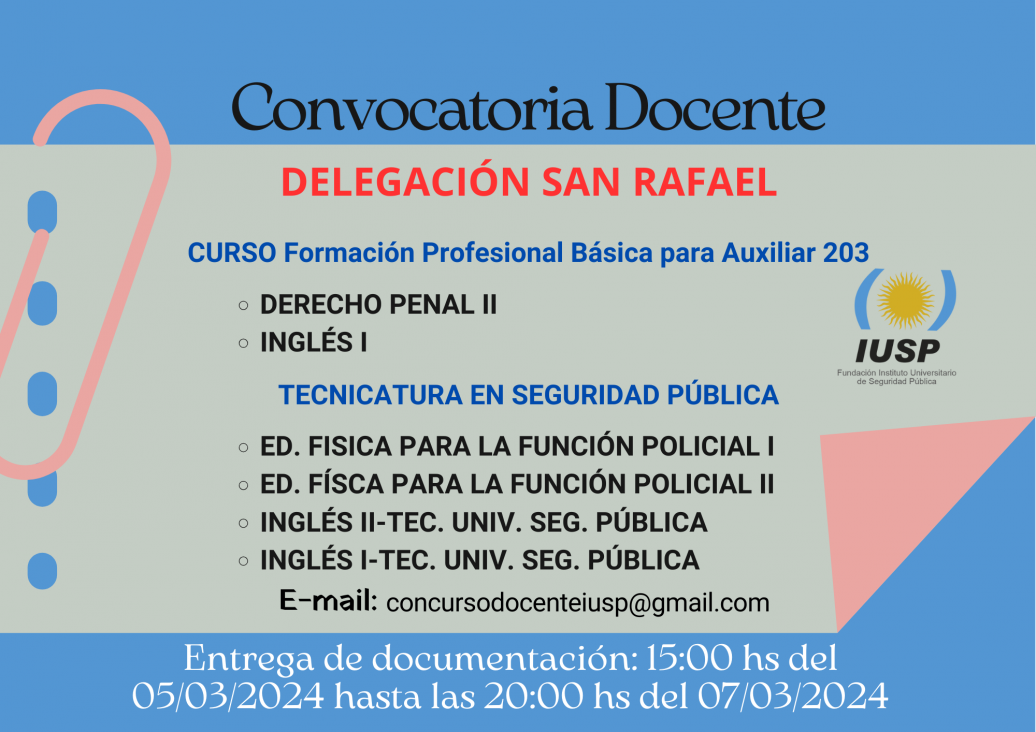 imagen Convocatoria Docente para el Curso de FPB para Auxiliar 203 y Tecnicatura en Seguridad Pública de la Delegación Zona Sur