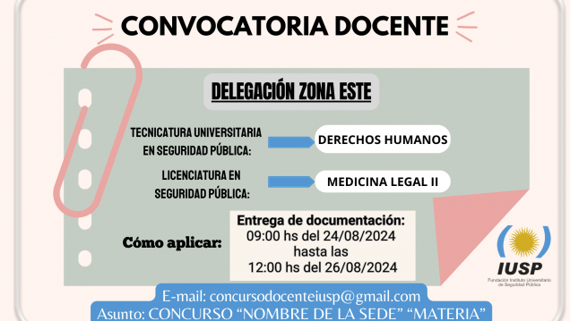 imagen Convocatoria Docente para la Delegación Zona Este 24/08/2024