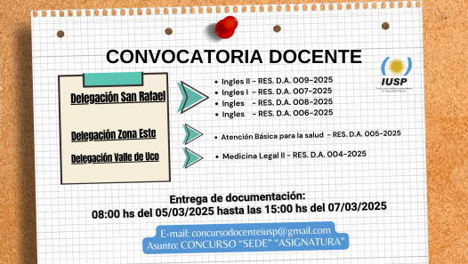 imagen Convocatoria Docente en las delegaciones San Rafael, Zona Este y Valle de Uco del 28/02/2025