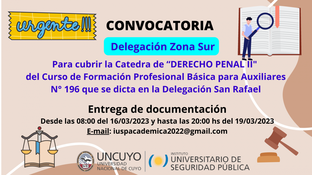 imagen Convocatoria Docente de "Derecho Penal II" para el Curso de FPB para Auxiliares N° 196 de la Delegación Zona Sur