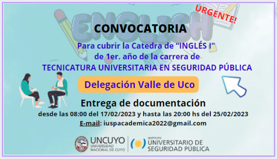 imagen Convocatoria Docente de "Inglés I" para Tecnicatura en Seguridad Pública de la Delegación Valle de Uco