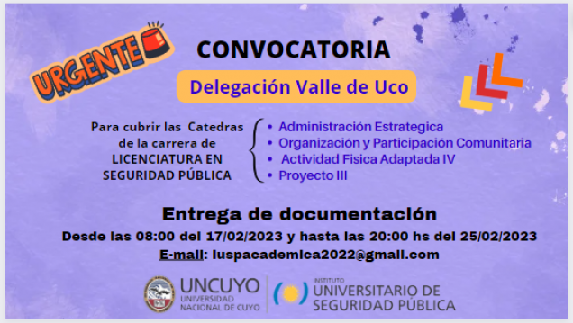 imagen Convocatoria Docente para la carrera de Licenciatura en Seguridad Pública de la Delegación Valle de Uco