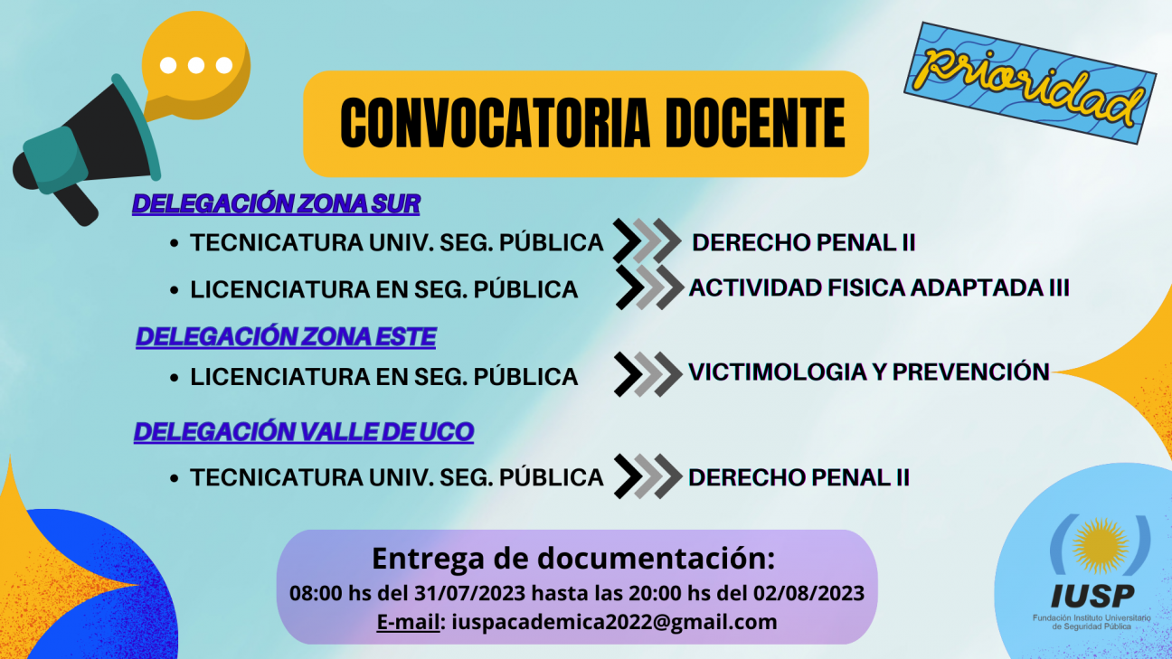 imagen Convocatoria Docente para las Delegaciones Zona Sur, Zona Este y Valle de Uco del IUSP