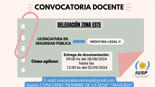 imagen Se extiende convocatoria docente para la asignatura "MEDICINA LEGAL II" de la Delegación Zona Este 28/08/2024