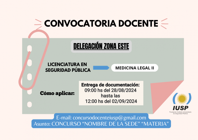 imagen Se extiende convocatoria docente para la asignatura "MEDICINA LEGAL II" de la Delegación Zona Este 28/08/2024